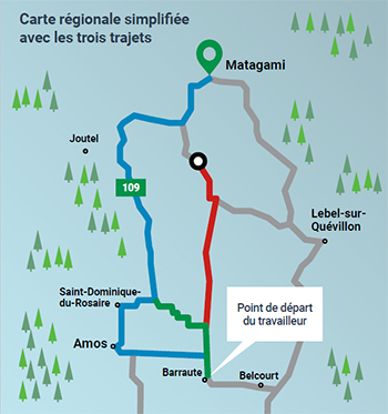 Carte régionale simplifiée avec les trois trajets